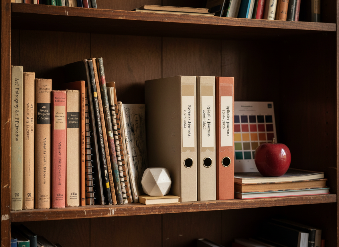 A close-up of a sturdy wooden shelf lined with art education resources: well-thumbed textbooks on pedagogy and creativity, spiral-bound visual diaries, and labeled folders containing reflective journals. Between the books, small still-life objects such as a plaster geometric form, a ceramic apple, and a folded color chart sit as quiet study references. Warm, indirect afternoon light from the side highlights the worn spines and subtle textures of paper and cloth covers. Photographic, documentary style at eye level, with sharp focus throughout. The mood is calm, studious, and professional, emphasizing theory supporting an artist-teacher’s evolving practice.