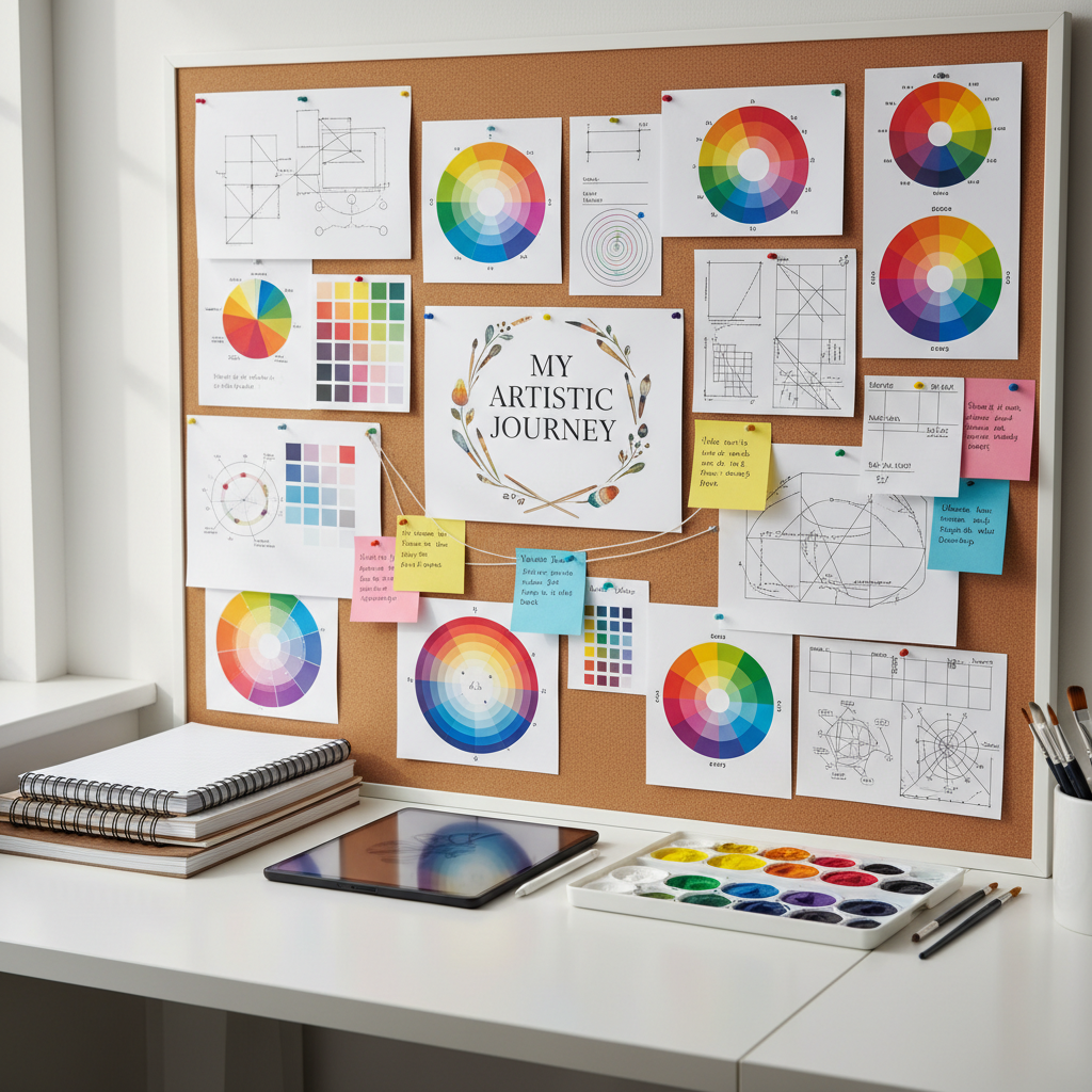 An organized arts education workspace featuring a large corkboard covered with pinned color wheels, composition diagrams, and handwritten lesson notes surrounding a central printed title card reading “My Artistic Journey”. Below, a smooth white desk holds neatly stacked sketchbooks, a digital tablet with a stylus, and a tidy tray of acrylic paints. Diffused daylight from an unseen window illuminates the scene, creating soft, even lighting and minimal shadows. Photographic realism from a slightly elevated angle, with the corkboard framed using the rule of thirds. The mood is professional, thoughtful, and academic, conveying structured reflection and planning for arts education studies.