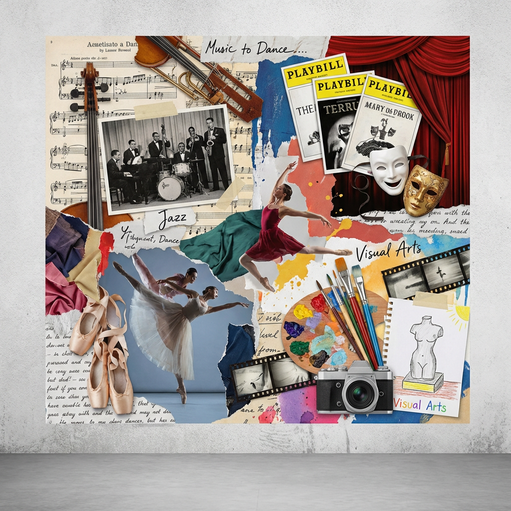Artistic collage featuring ballet dancers, jazz musicians, theater masks, and painting supplies with textured paper elements.